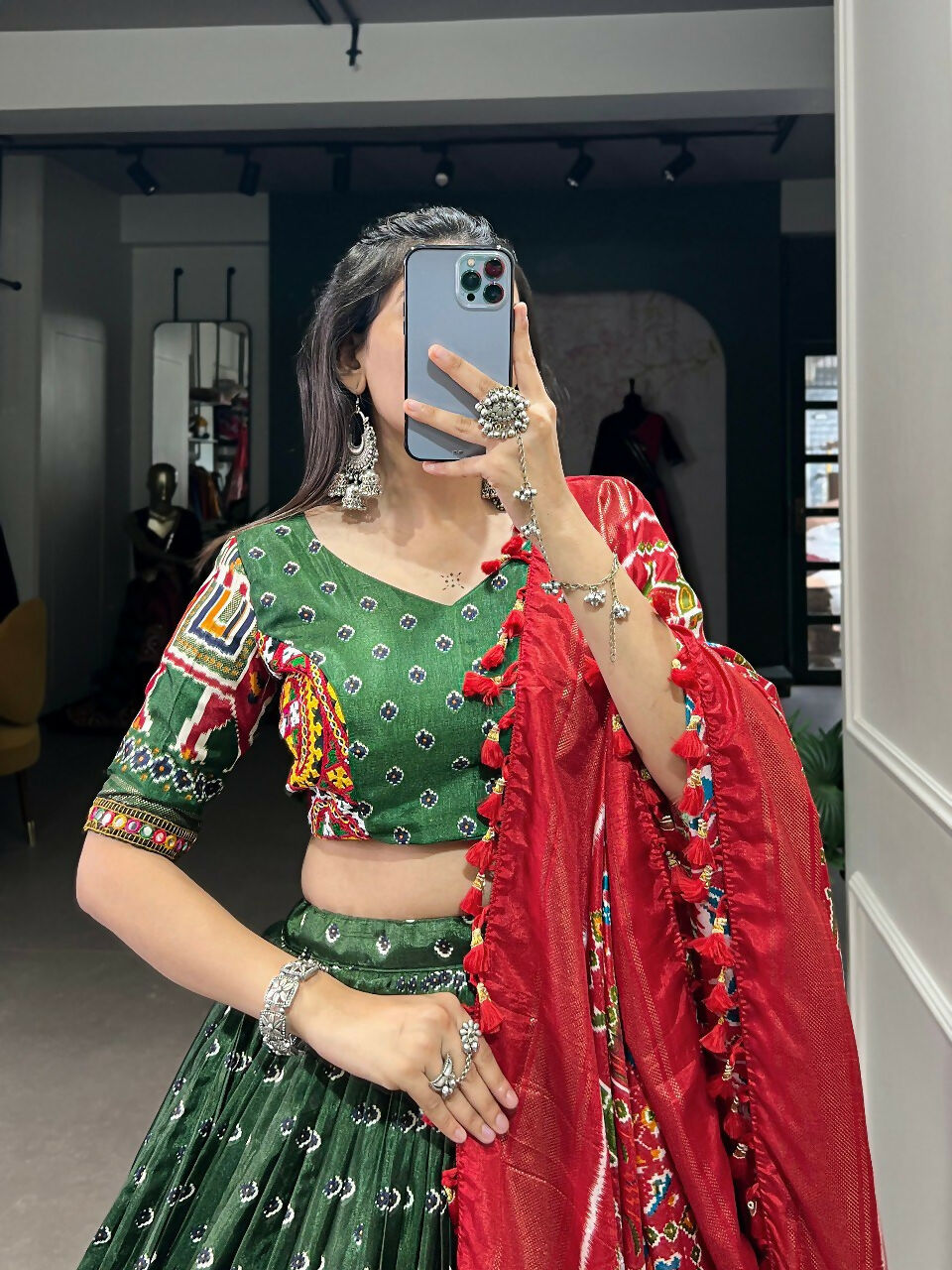 Vastranavya Navaratri Special Dola Silk Patola Print With Gamthi Work Lace Border Lehenga with Stitched Blouse - Green | Grocsy