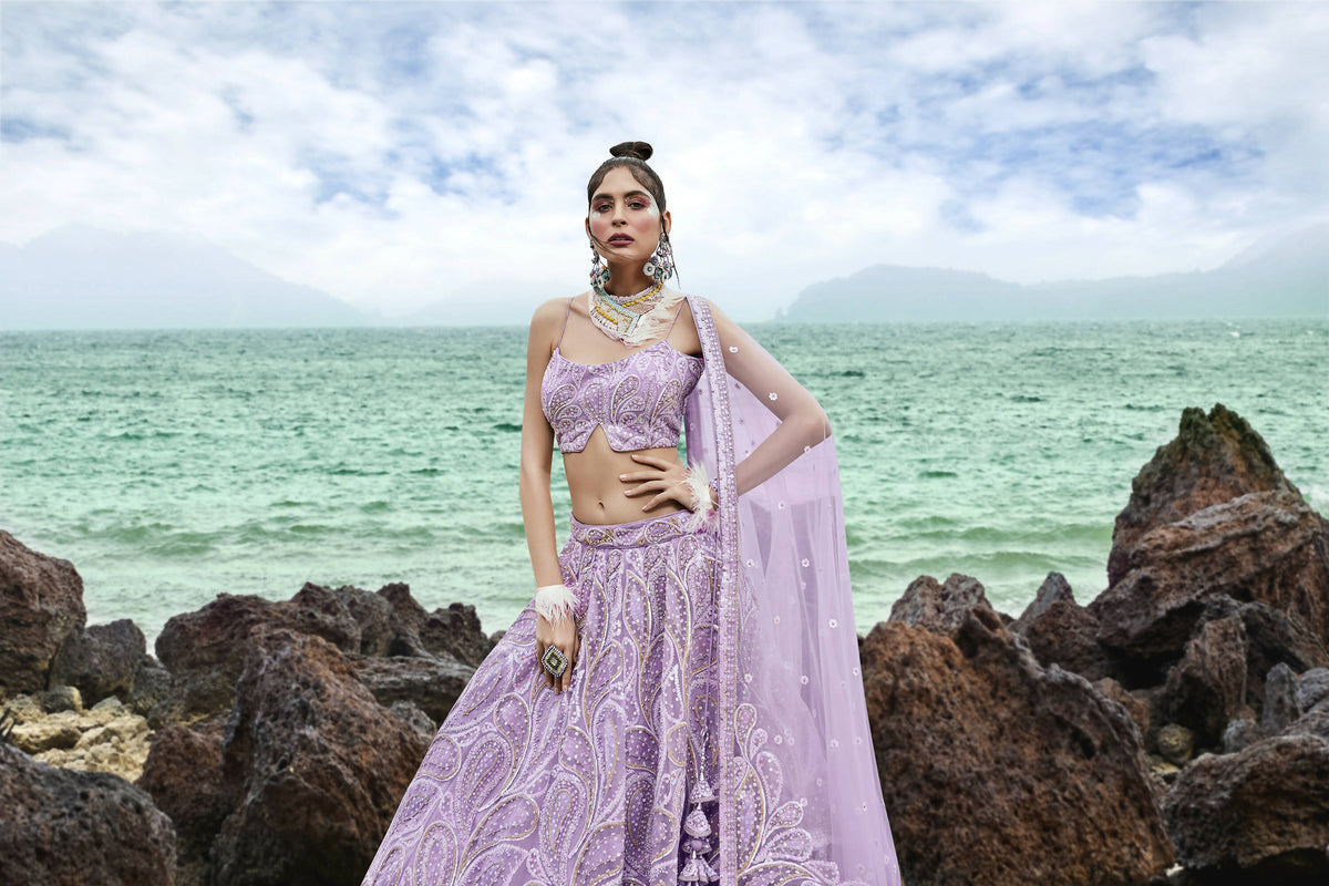 House of Panchhi Mauve Net Multi Sequins with heavy Zarkan embroidery Lehenga choli & Dupatta | Grocsy