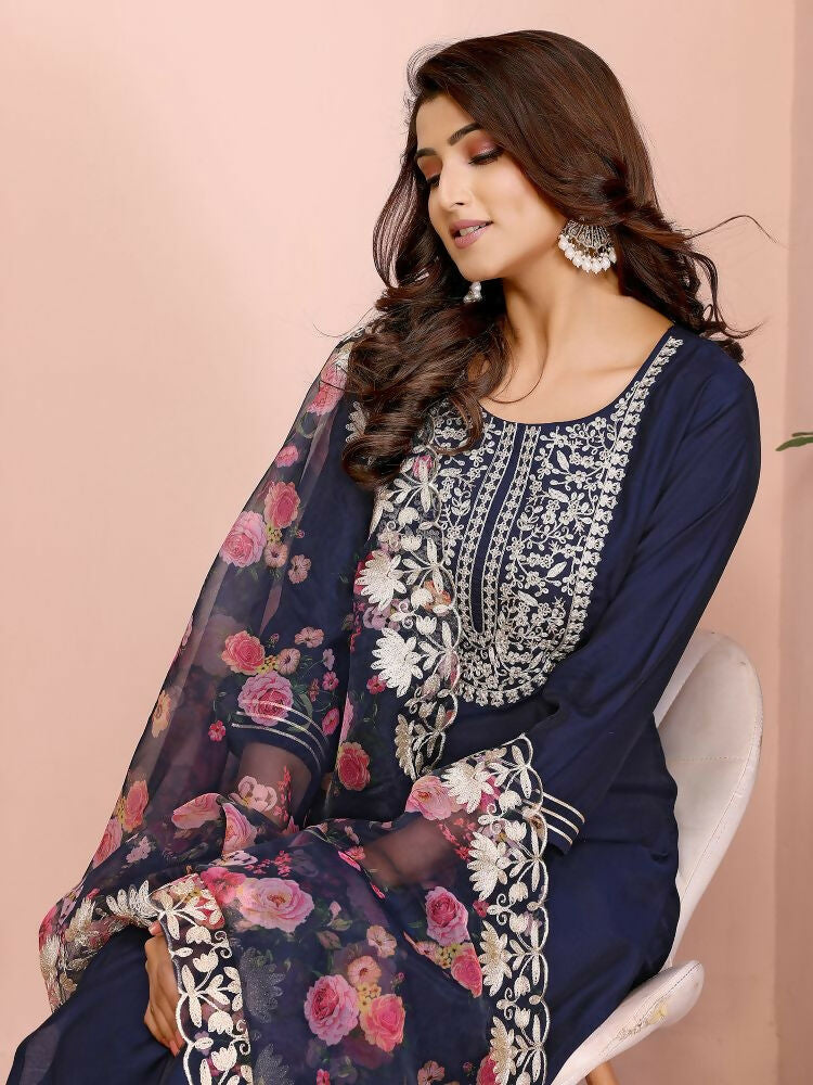 Joban Fashion Women Navy Blue Roman Embroidery Stitched Kurta Set | Grocsy