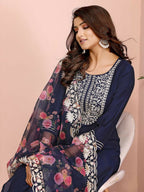 Joban Fashion Women Navy Blue Roman Embroidery Stitched Kurta Set | Grocsy
