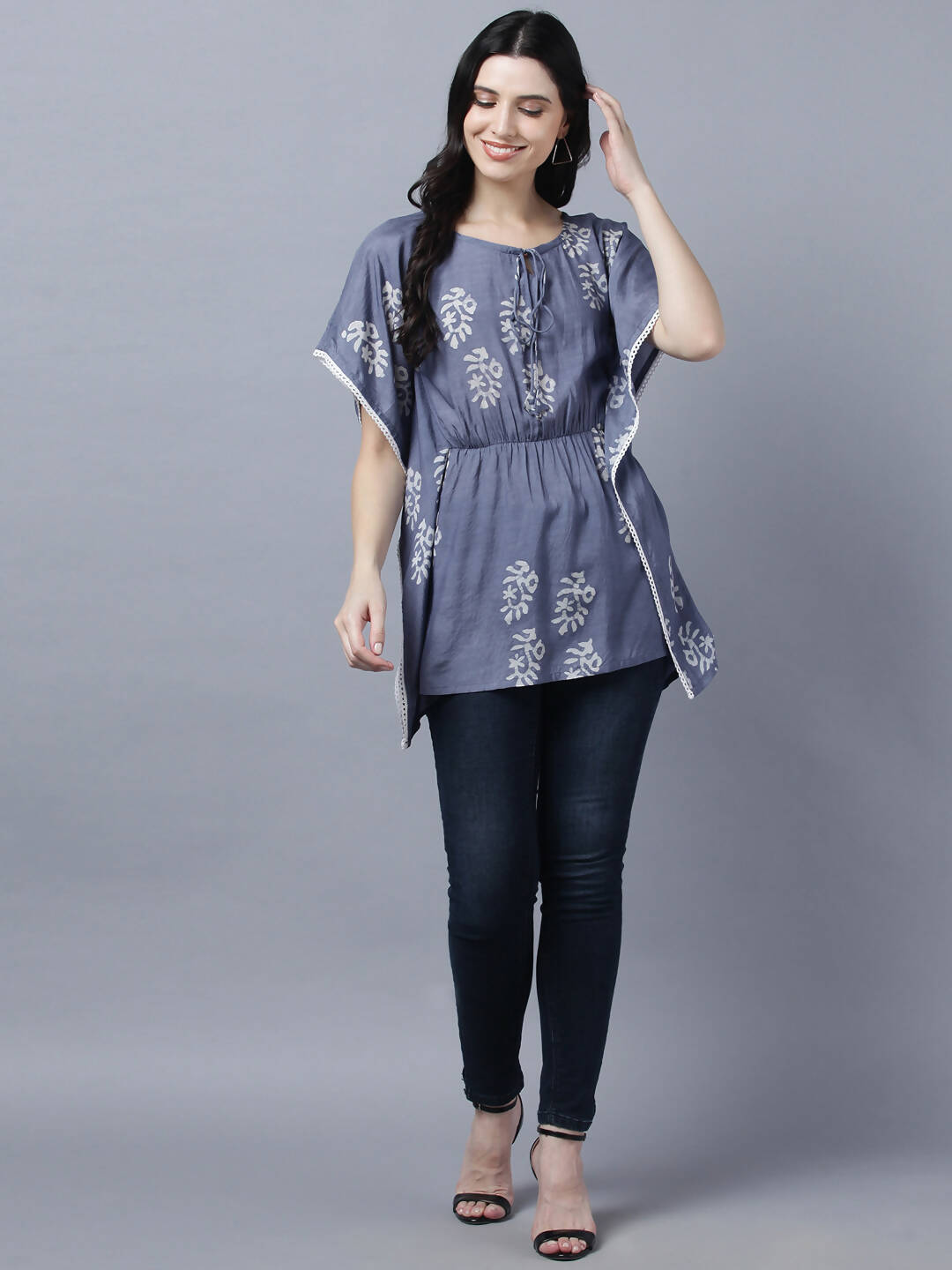 Myshka Stylish Dark Grey Silk Short Sleeve Women's Kaftan | Grocsy
