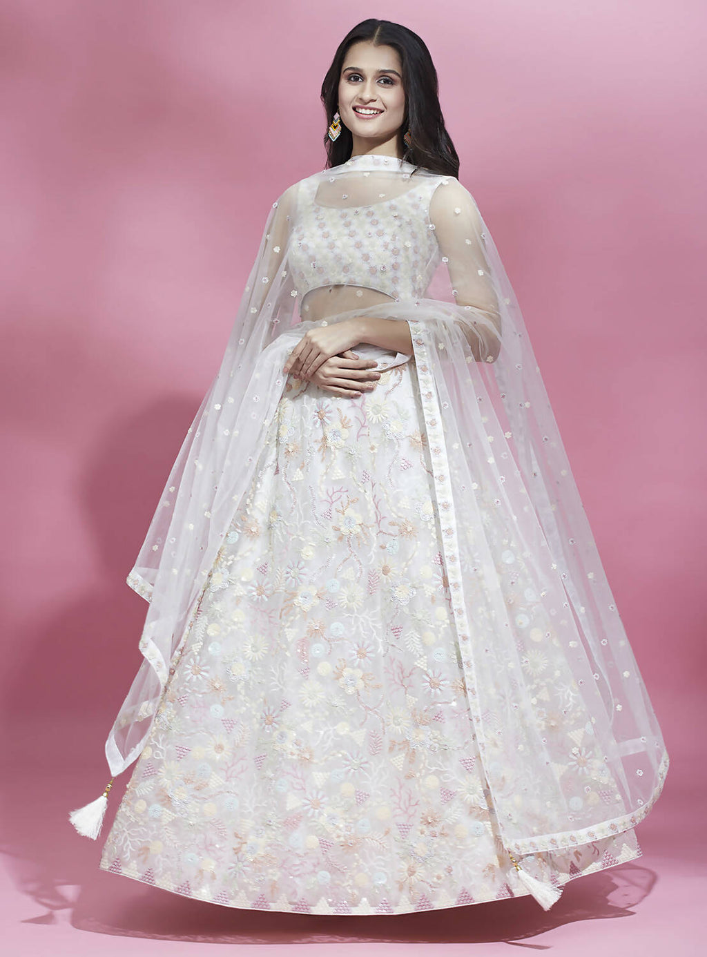 House of Panchhi Cream Net heavy Sequinse embroidery Lehenga choli & Dupatta | Grocsy