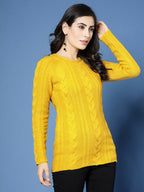 Women Mustard Acrylic Self Design Winter Dress - Wool Trees | Grocsy