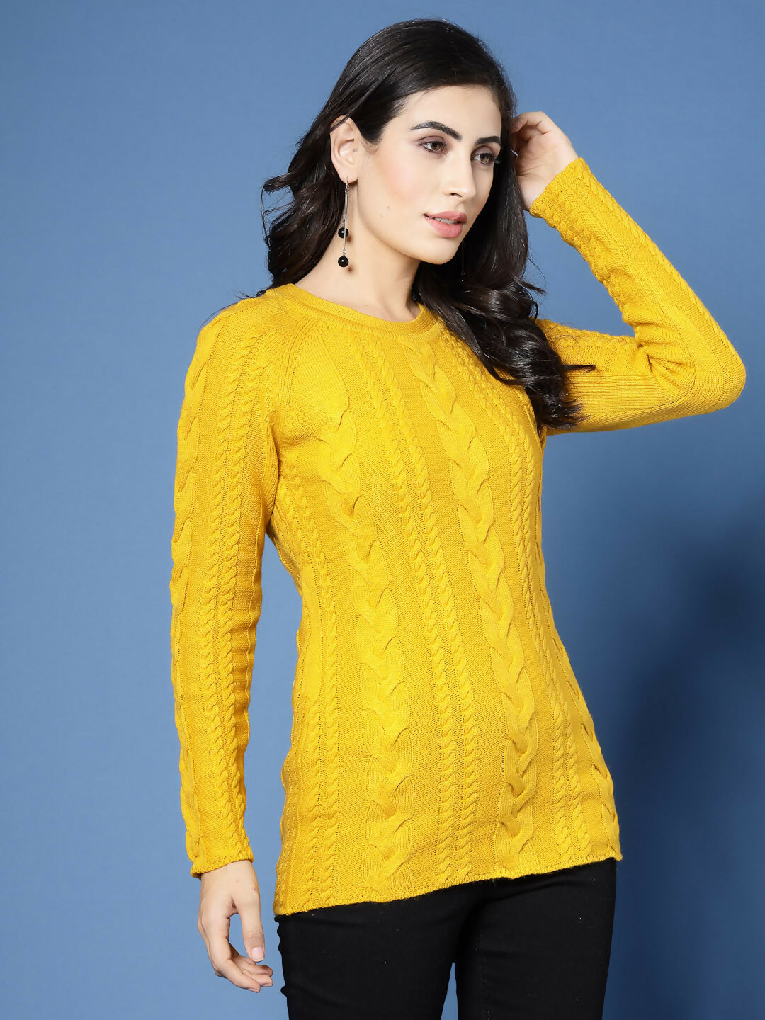 Women Mustard Acrylic Self Design Winter Dress - Wool Trees | Grocsy