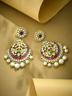 Nuyug 22K Gold-Plated Elegant Ruby & Kundan Stone Studded With Pearl Beaded Floral Chandbalis | Grocsy