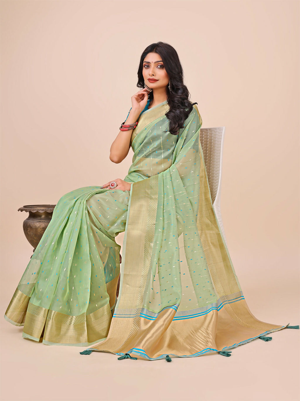 Shree Shyam Fashion Florance Green Organza Saree | Grocsy