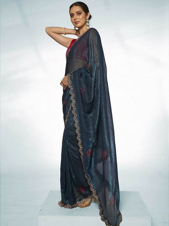 Teal Blue Slub Organza Swarovski Designer Saree - Shezlin | Grocsy