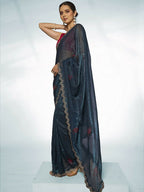 Teal Blue Slub Organza Swarovski Designer Saree - Shezlin | Grocsy
