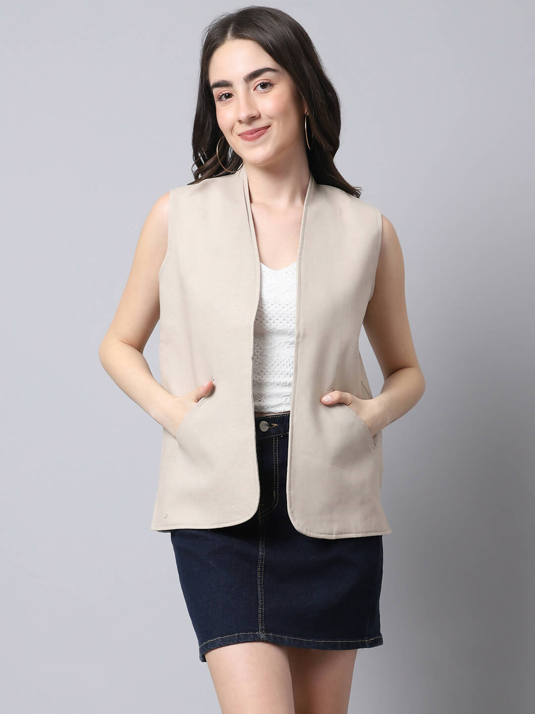 Even Apparels Cream Linen Cotton Open Front Women's Waistcoat | Grocsy