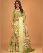 Green Cotton Silk Floral Printed Saree With Unstitched Blouse Piece - Akshita | Grocsy