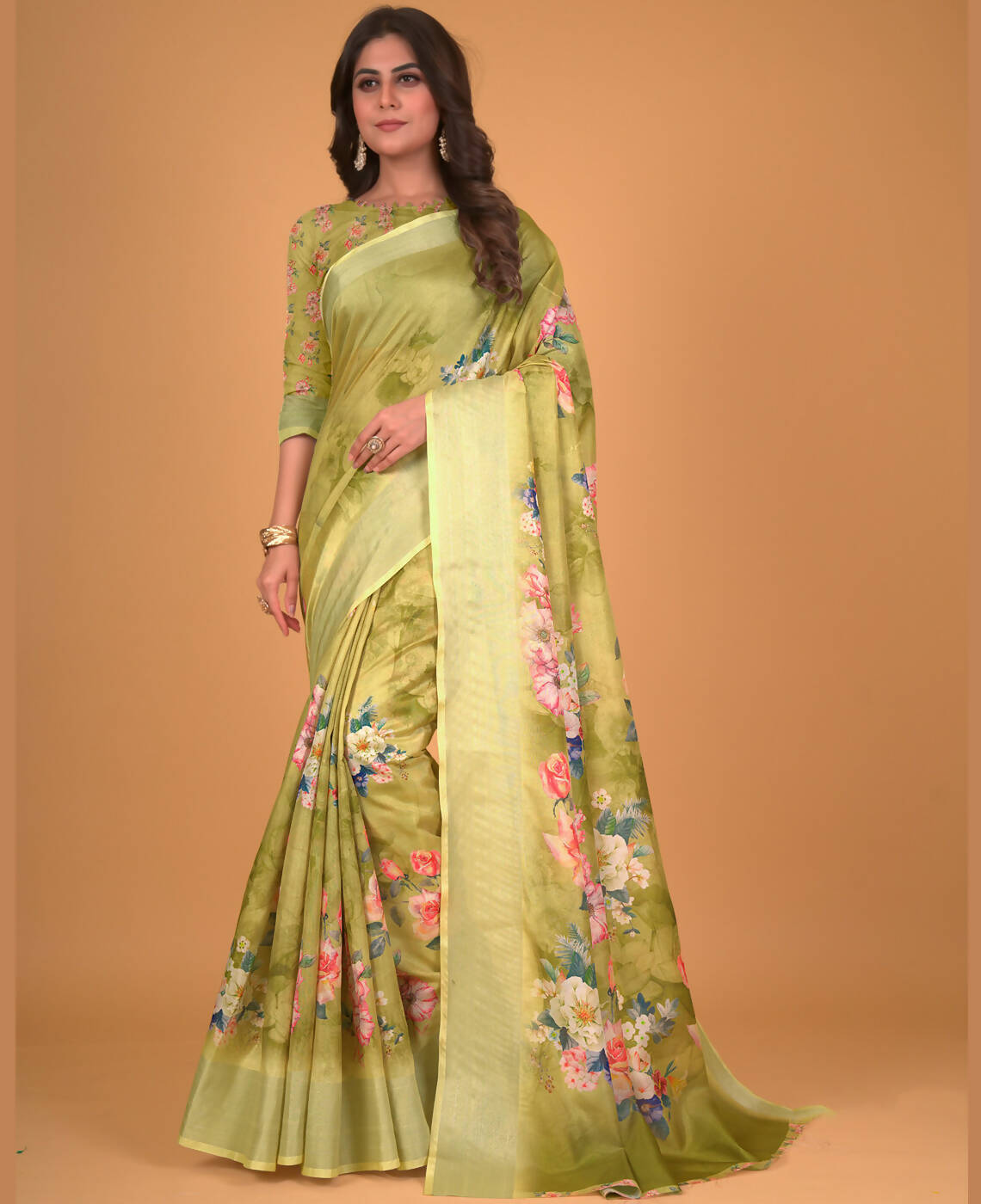Green Cotton Silk Floral Printed Saree With Unstitched Blouse Piece - Akshita | Grocsy