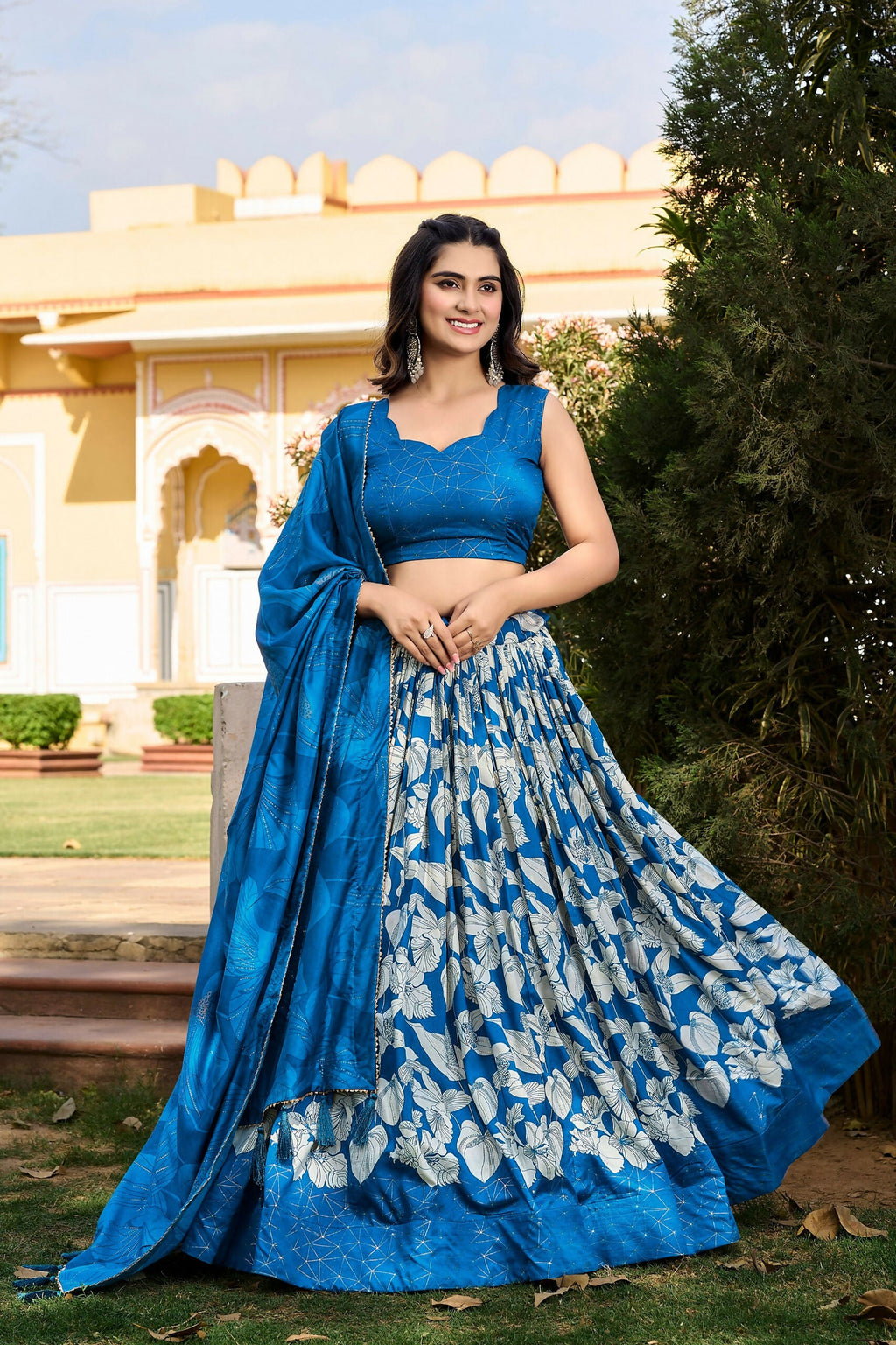 Vastranavya Ethnic Look Tussar Silk Floral Printed With Foil Work Indian Lehenga Choli - Royal Blue | Grocsy