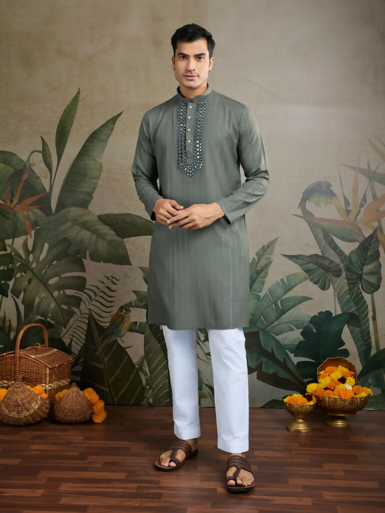 Vastranavya Rust Green Exclusive Viscose Rayon Festival Wear Real Mirror Work Kurta with Dupatta | Grocsy