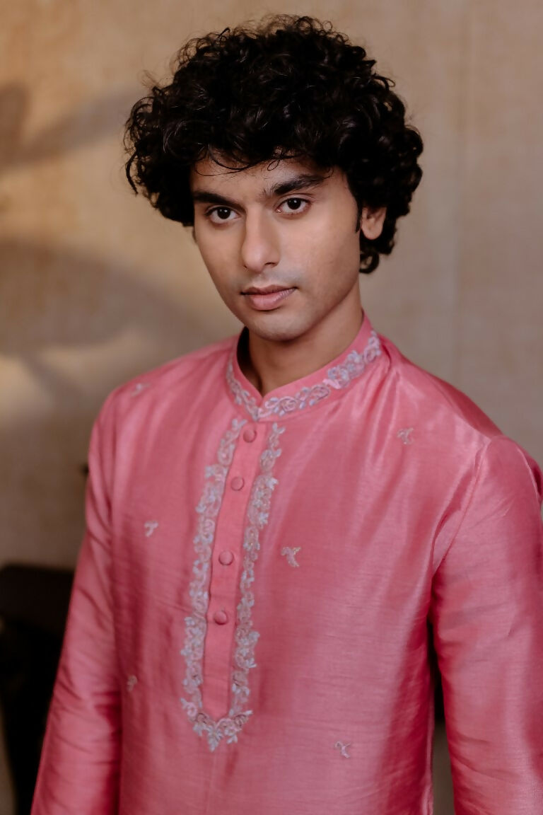 Falling Raw Silk Pink Prism Motif Kurta Set By Hilo Design | Grocsy