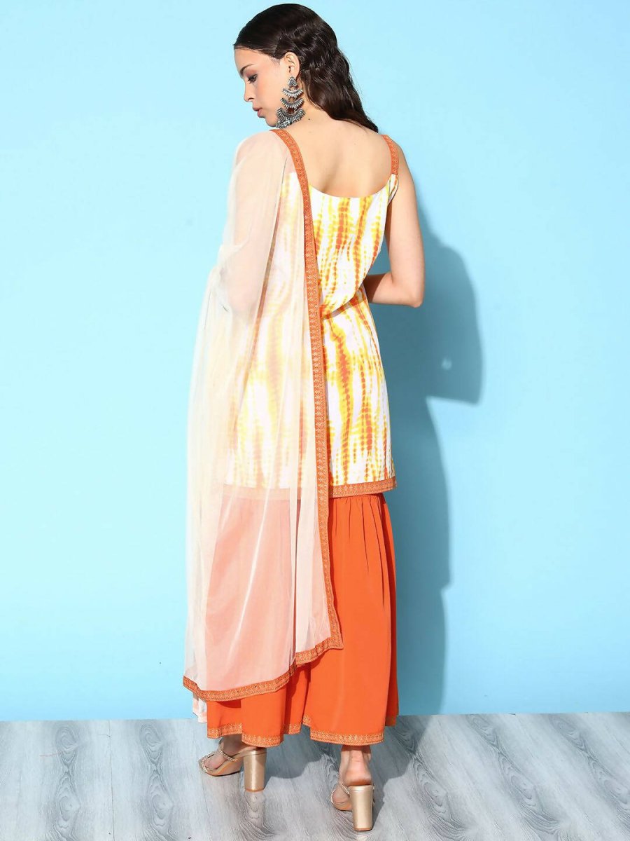 Ahalyaa Women's Orange Crepe Printed Kurta Sharara Set With Dupatta | Grocsy