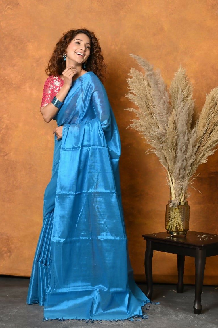 Very Much Indian Fusion Cotton Tissue Shimmer Saree - Light Blue | Grocsy