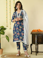 Myshka Women's Blue Pure Cotton Kurta & Trousers With Dupatta Party Sets | Grocsy