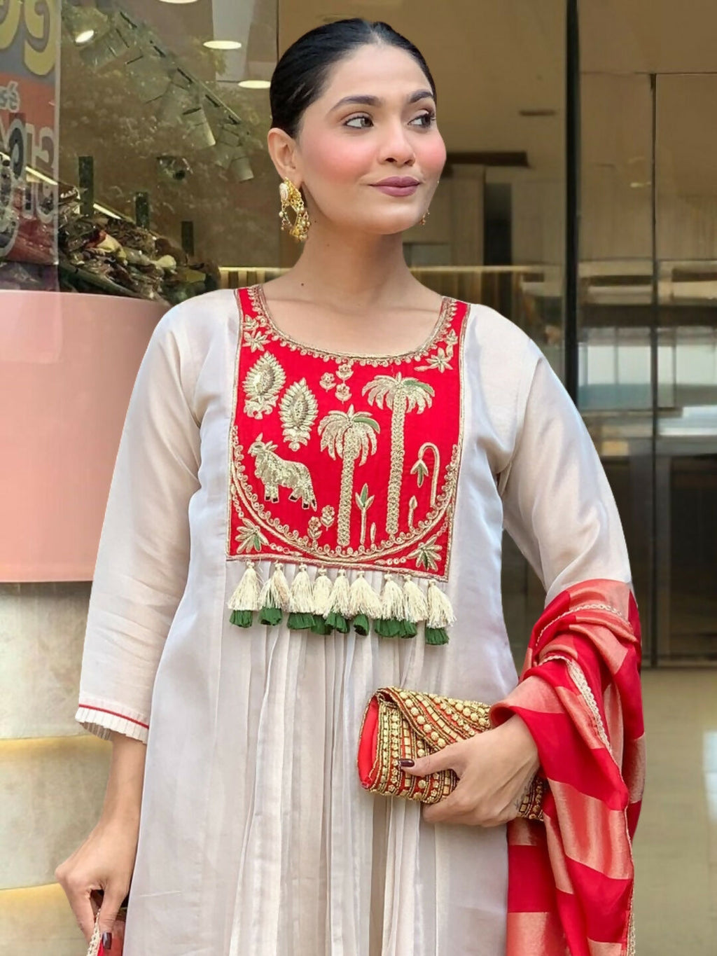 The52 Women's Gorgeous Embroidery Work Silk Fabric Flared Anarkali Pant and Dupatta Set-White | Grocsy
