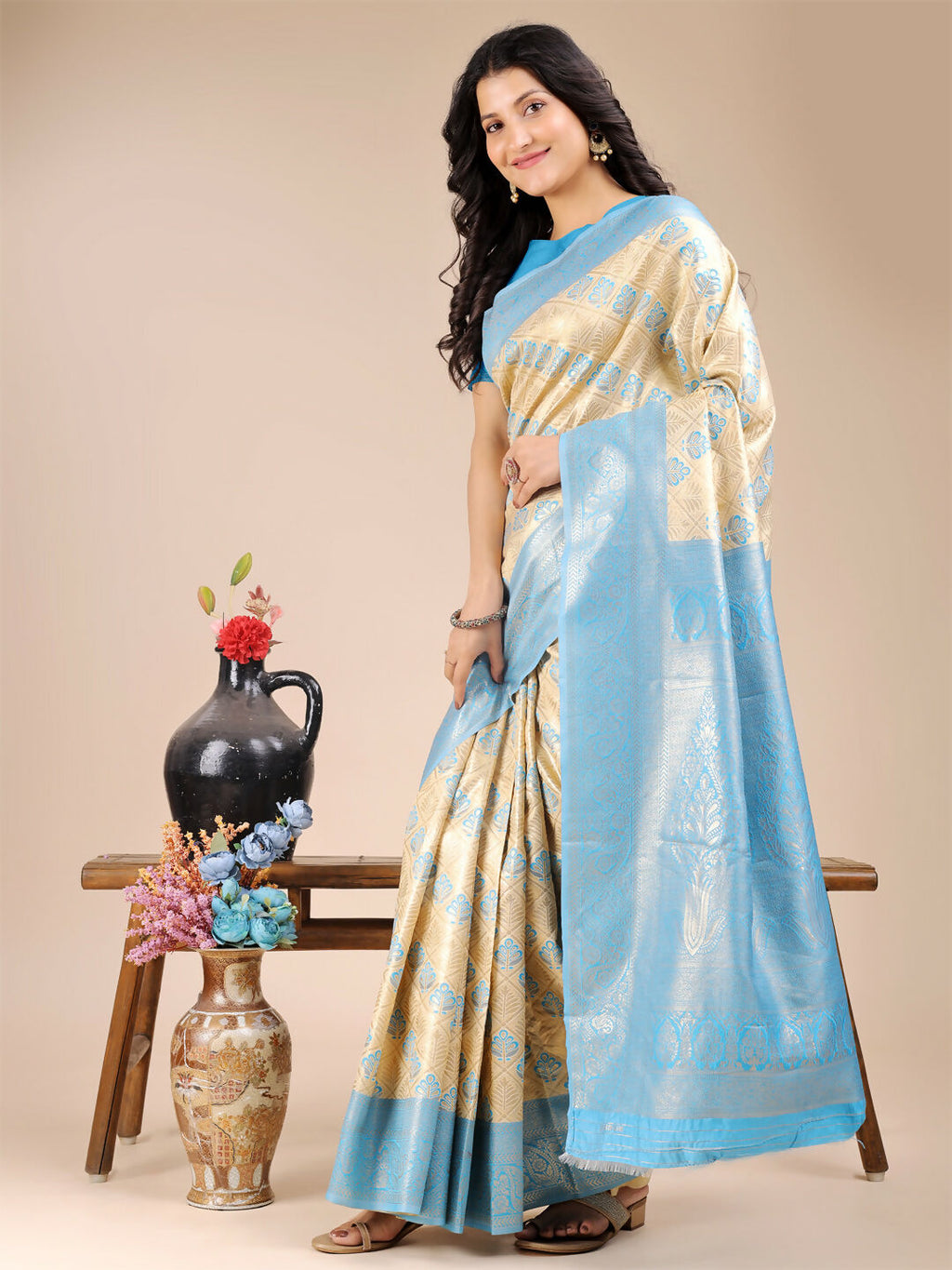 Shree Shyam Fashion Aura Silk Cream Sky Blue Banarasi Silk Saree | Grocsy