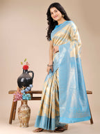 Shree Shyam Fashion Aura Silk Cream Sky Blue Banarasi Silk Saree | Grocsy