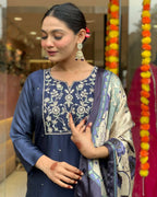 The52 Navy Blue Women's Beautiful Viscose Chanderi Fabric Embroidered Work Straight Kurta Pant and Dupatta Set | Grocsy
