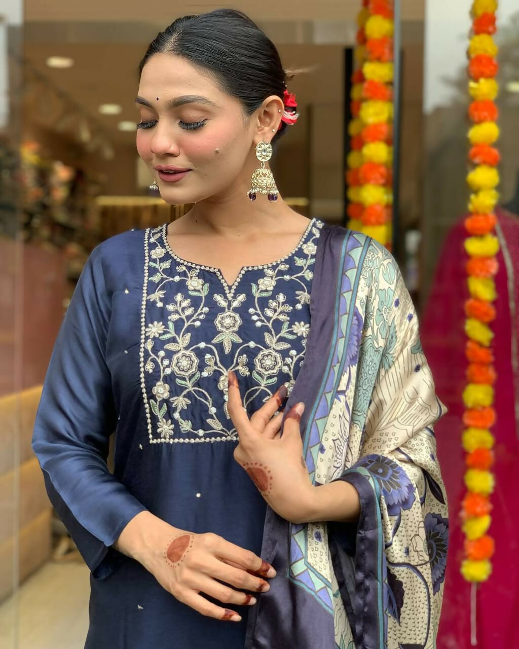 The52 Navy Blue Women's Beautiful Viscose Chanderi Fabric Embroidered Work Straight Kurta Pant and Dupatta Set | Grocsy