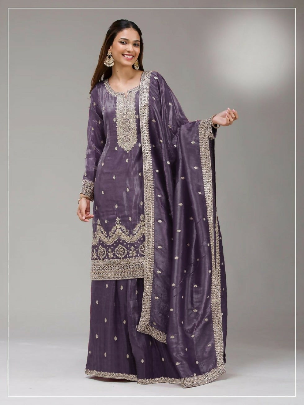 Anaita Dark Lavender Gold Crush Stitched Suit with Embroidery & Sequins | Grocsy