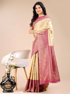 Shree Shyam Fashion Aura Silk Cream Magenta Banarasi Silk Saree | Grocsy