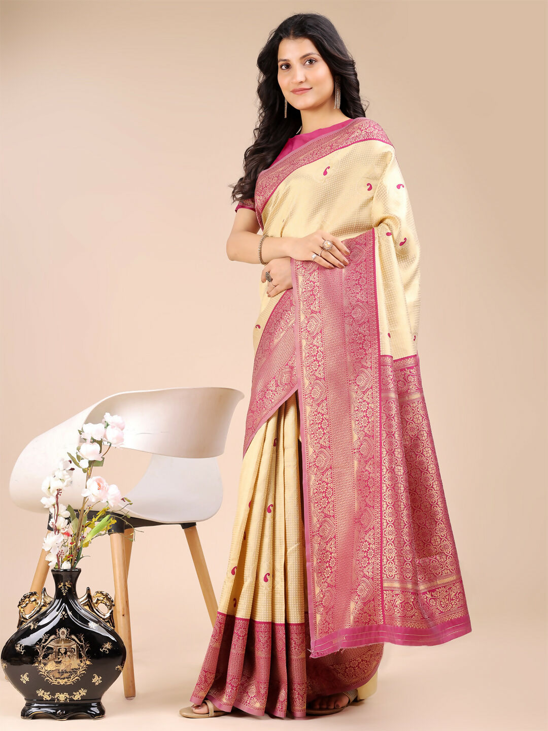 Shree Shyam Fashion Aura Silk Cream Magenta Banarasi Silk Saree | Grocsy