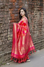 DEIANA'S Beautiful Designer Golden zari Soft Lichi Silk Saree - Red | Grocsy
