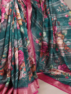 Vastranavya Green Tussar Silk Printed with Viscose Border Saree with Unstitched Blouse | Grocsy