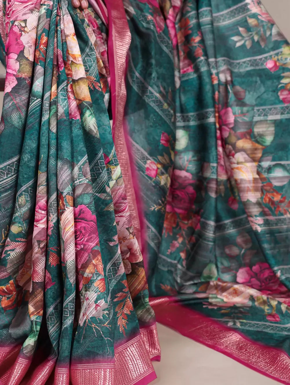Vastranavya Green Tussar Silk Printed with Viscose Border Saree with Unstitched Blouse | Grocsy