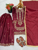 Teeya Creation Maroon Gimmy Silk Designer Embroidery Work Wedding Wear Palazzo Pair | Grocsy