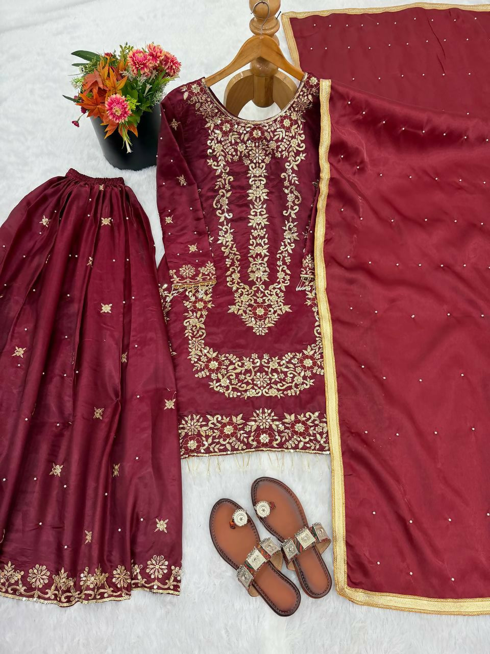 Teeya Creation Maroon Gimmy Silk Designer Embroidery Work Wedding Wear Palazzo Pair | Grocsy