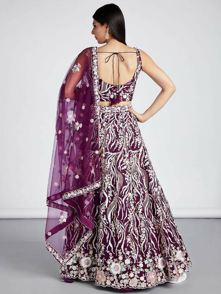 House of Panchhi Burgundy Net Sequins And Thread Embroidery Lehenga Choli & Dupatta | Grocsy