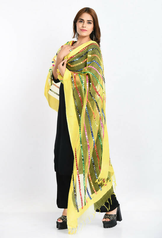 Mominos Fashion Moeza Women's Orgenza Multi Thread Mirror Work Lemon Yellow Dupatta | Grocsy