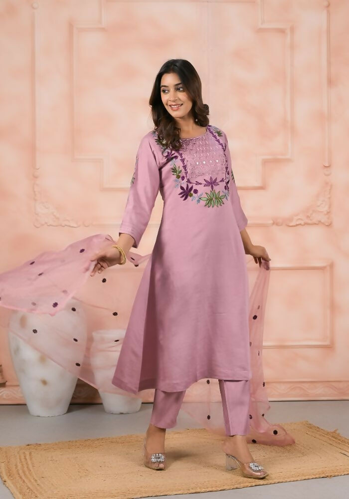 Ethnic Festive Wear Chanderi Slik Pink Stitched Suit With Dupatta - Anbazaar | Grocsy