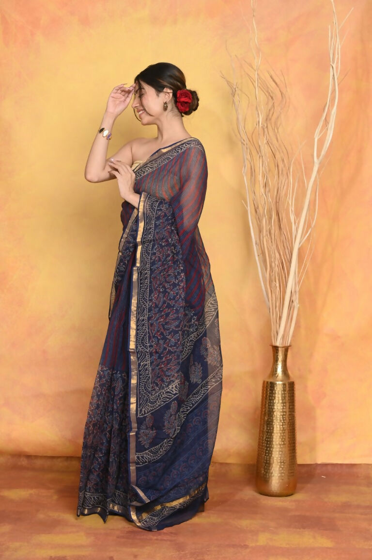 Very Much Indian Pure Kota Cotton Handblock Printed Saree - Dark Blue | Grocsy