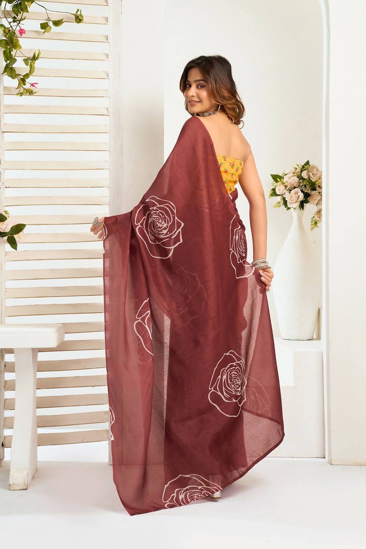 Vastranavya Dark Brown Digital Printed Linen Ready To Wear Designer Saree with Unstitched Blouse | Grocsy