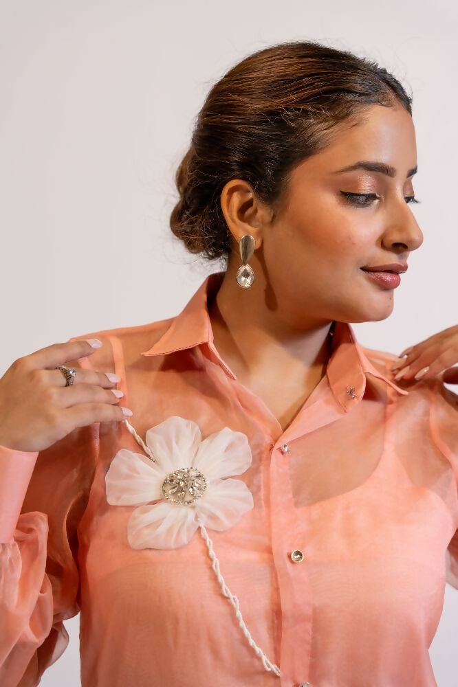 Timaraa Peach Coral Organza Shirt With Hand Embellished 3D Floral Motift | Grocsy