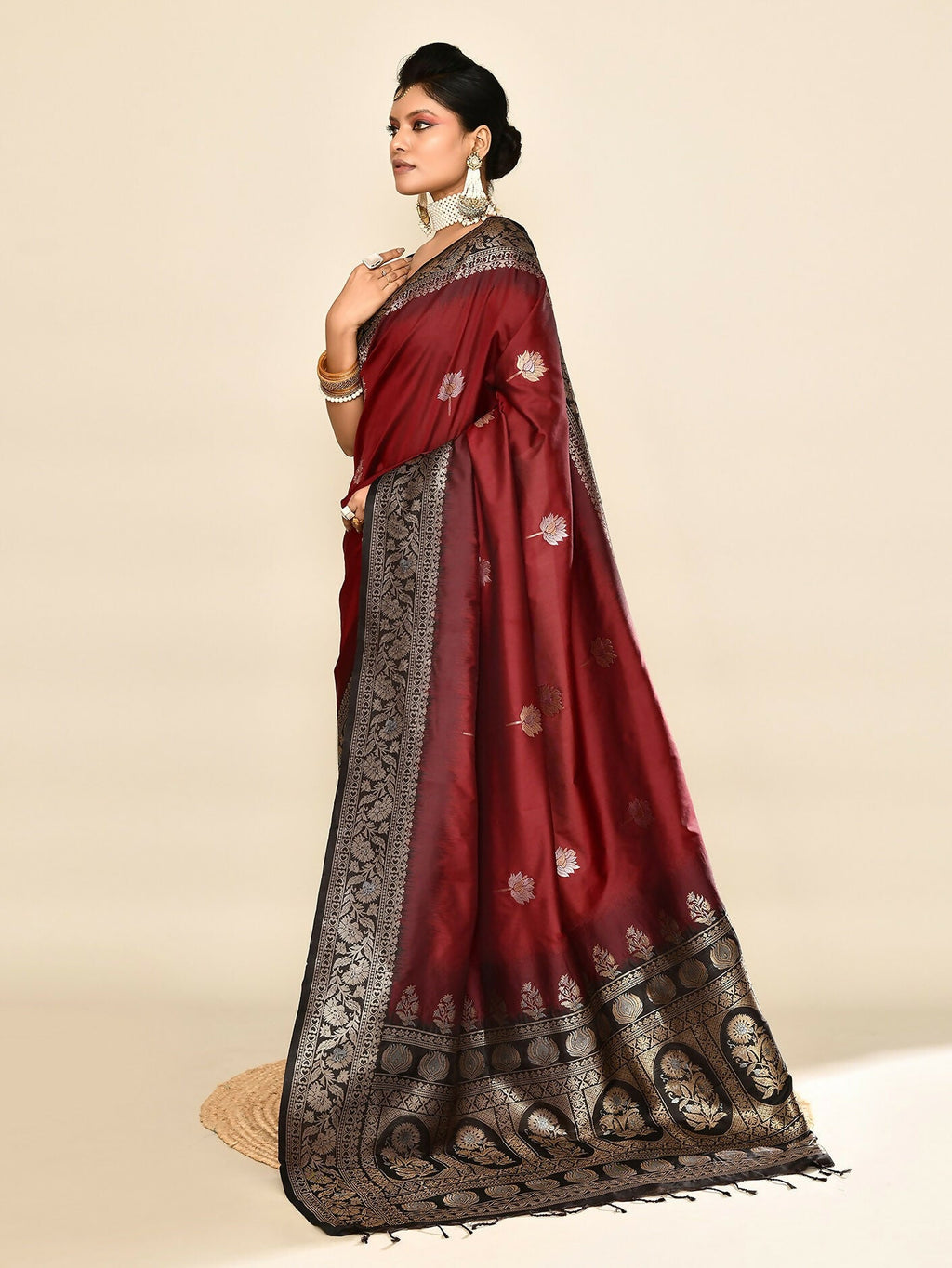 Joban Fashion Maroon & Black Plain With Weaving Border Banarasi Silk Sarees | Grocsy