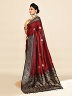 Joban Fashion Maroon & Black Plain With Weaving Border Banarasi Silk Sarees | Grocsy