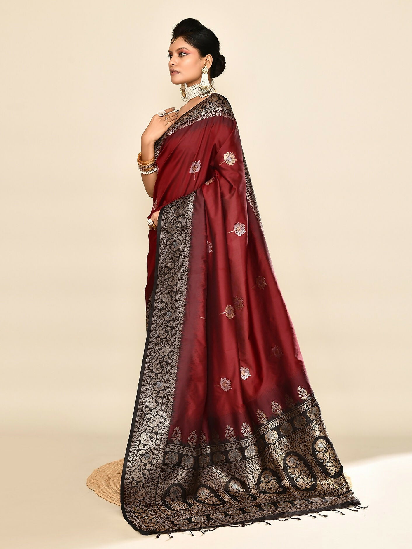 Joban Fashion Maroon & Black Plain With Weaving Border Banarasi Silk Sarees | Grocsy