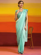 Sea Green Ombre Satin Georgette Plain Ready to wear Saree with stitched Blouse - Vrinda | Grocsy