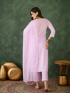 The52 Purple Women's Gorgeous Cotton Blend Fabric Thread Work Straight Kurta, Pant and Dupatta Set | Grocsy