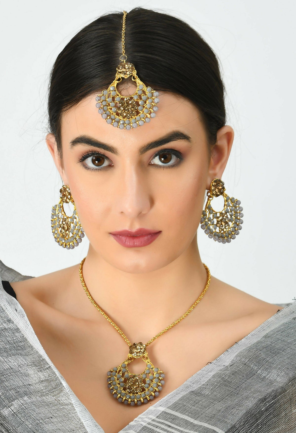 Mominos Fashion Johar Kamal Gold-Polished Brass Finish Long Necklace For Women (Golden/Grey) | Grocsy