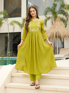 The52 Lemons Women's Gorgeous Chinon Embroidered Flared Kurta with Pant And Dupatta Set | Grocsy
