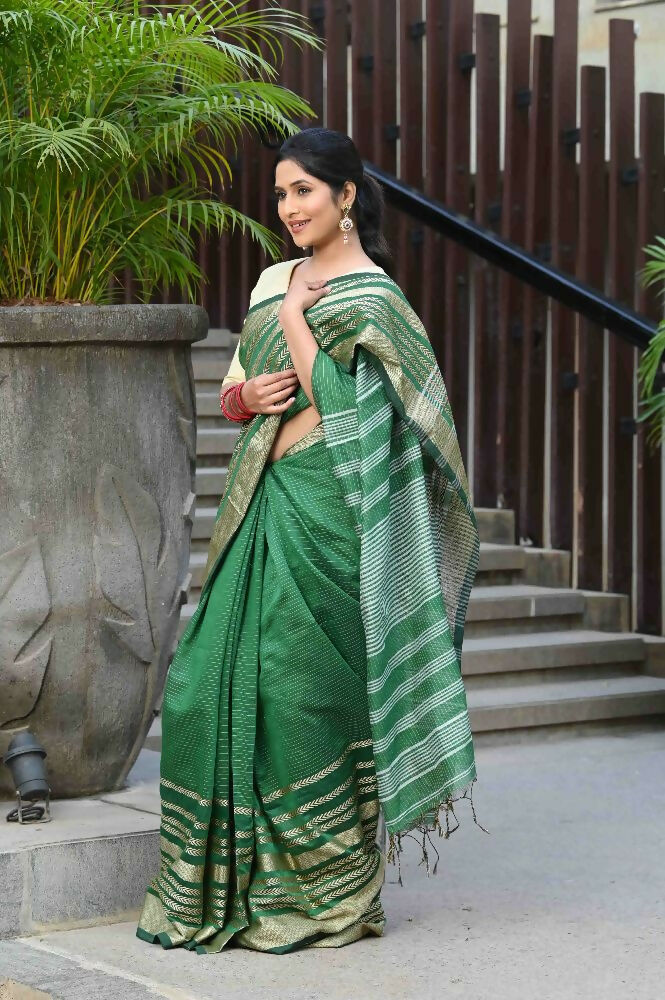Beatitude Green Cotton Stripes Border Handloom Saree | Grocsy