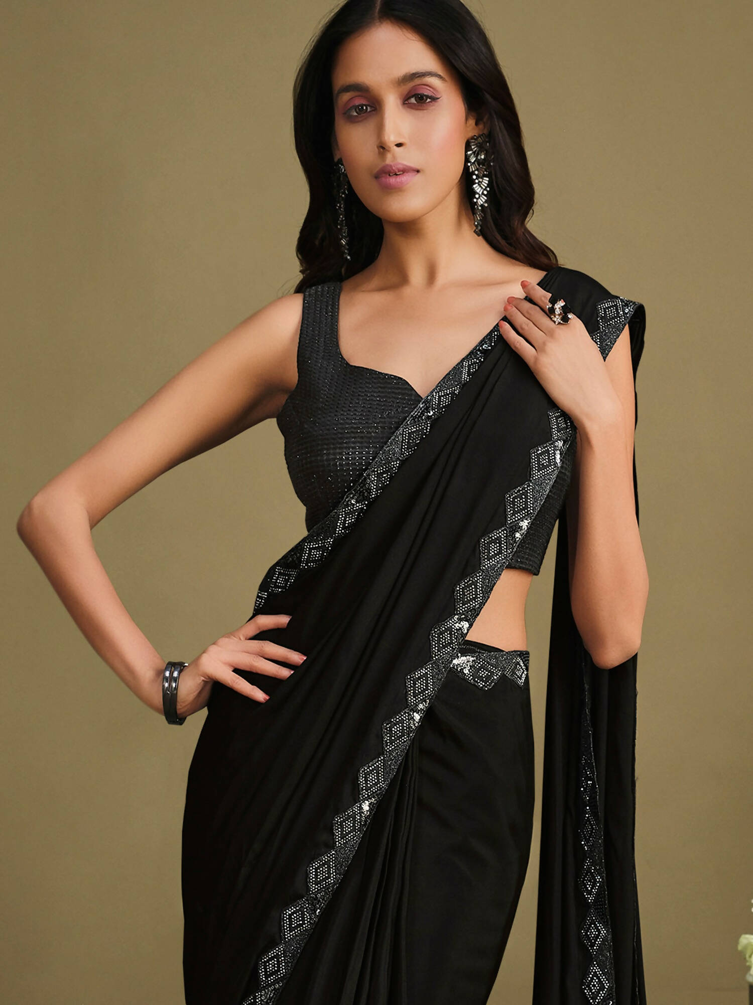 Black Crepe Silk Sequence Embroidered & Stone Work With Sequence Work Jacket Saree With Stitched Blouse - Mohmanthan La Belle | Grocsy