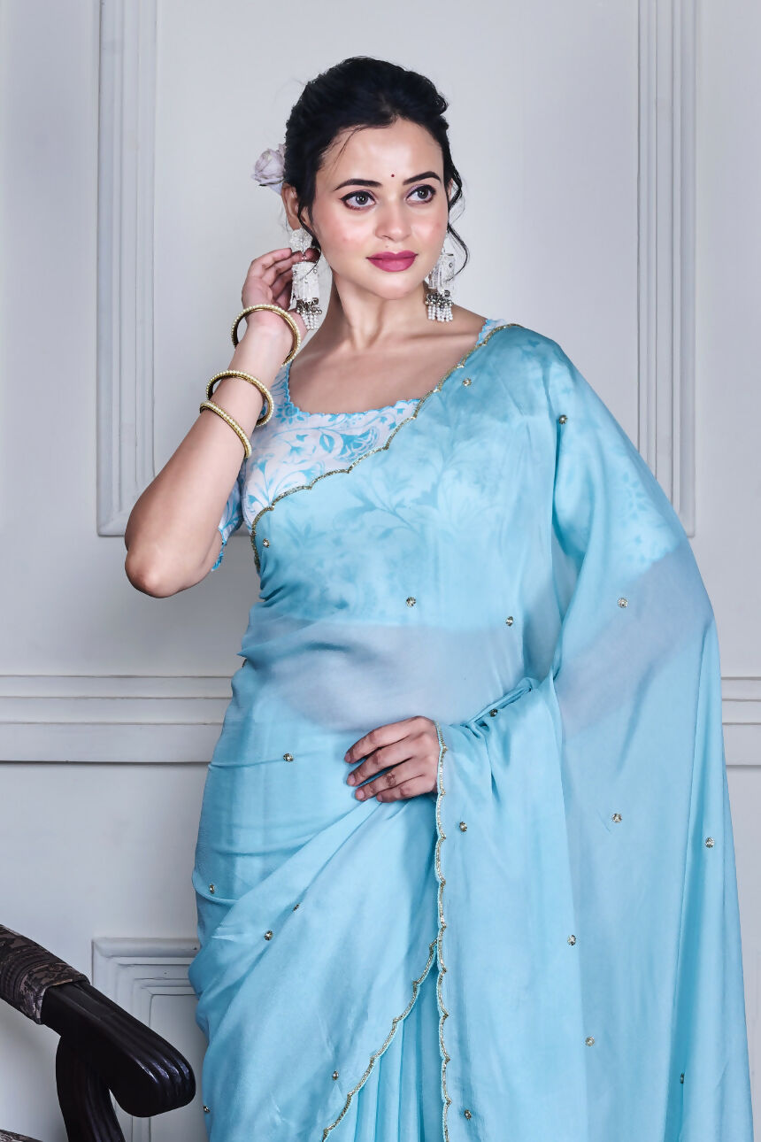 Morchari Blue Chiffon Hand Embroidery Saree And Stitched Blouse | Grocsy
